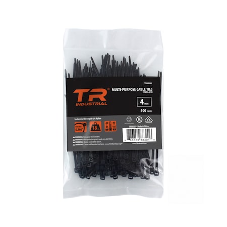 Tr Industrial Cable Tie, 4 in L, UV Resistant Black, Nylon 6/6, 18 lb Strength TR88301